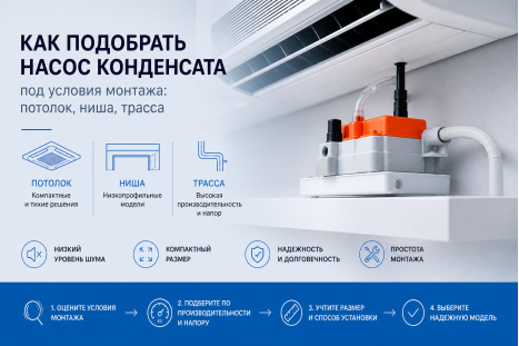 Как подобрать насос конденсата под условия монтажа: потолок, ниша, трасса