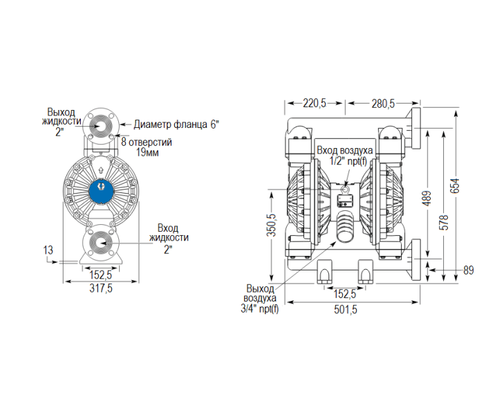 Мембранный пневматический насос Graco HUSKY 2150-KY-KY-PTFE-PTFE